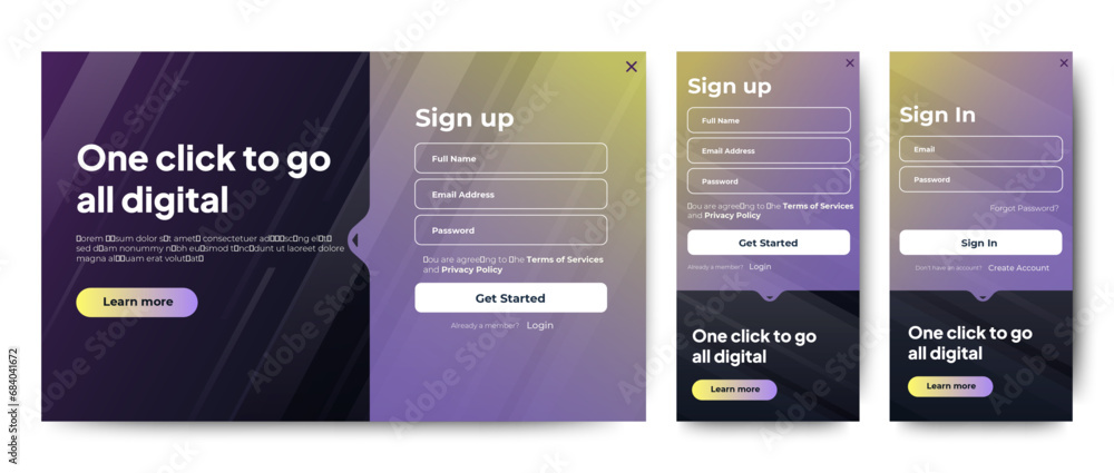 Poster set of sign up and sign in forms. black gradient. mobile registration and login forms page. professi