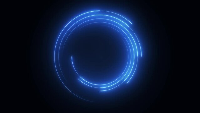 Neon blue spiral lines circular shape rotating on dark background