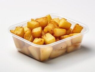 Golden potato chunks in a disposable white container, perfectly fried to a golden hue with a soft, fluffy interior. Ideal for fast food and snack themes, illustrating delicious, quick comfort food