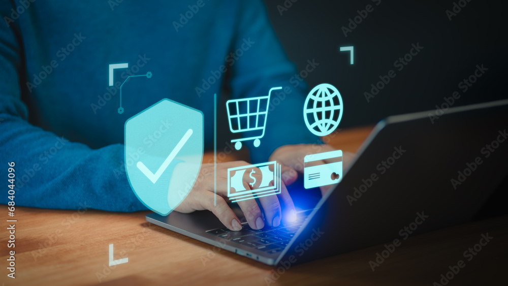 Leinwandbilder client use a computer laptop with sign of security protection system on virtual screen. guarantee, s