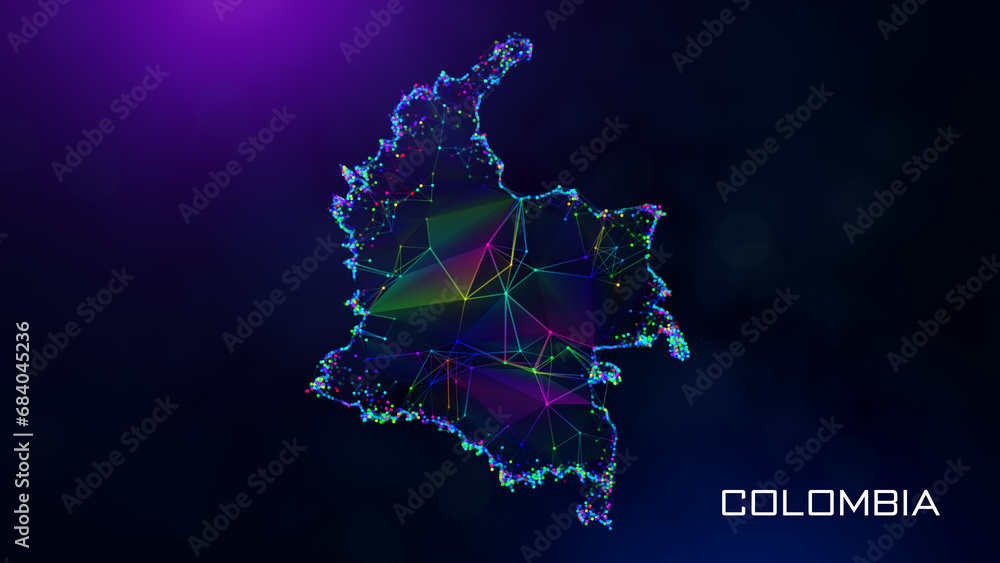 Poster futuristic sweet colombia map polygonal blue purple colorful connected lines dots and facet wirefram