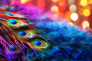 Detailed colorful beautiful peacock tail ,Bright colorful feathers, peacock feather pattern. Bright background - obrazy, fototapety, plakaty