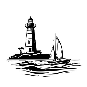 Light House Town And Sailing Boat