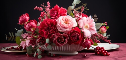 Red and pink floral centerpieces isolated against a backdrop for your message.