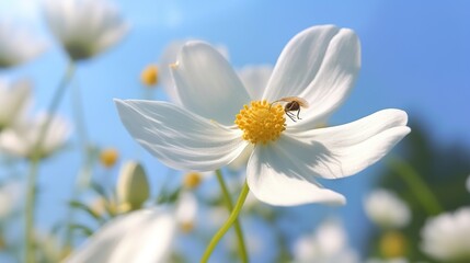 White anemone flowers and bee on blue sky background, closeup