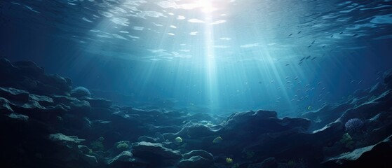 Underwater seascape with sunlight piercing through. Marine life and exploration. - obrazy, fototapety, plakaty