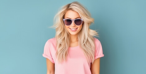 beautiful blonde girl with sunglasses in a red background - Powered by Adobe