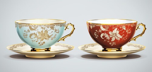 Vintage-inspired tea cups and saucers on a clean isolated background.