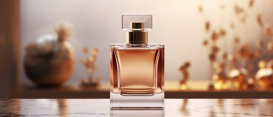 Elegant perfume bottle on marble surface with golden light. Luxury product branding. - obrazy, fototapety, plakaty