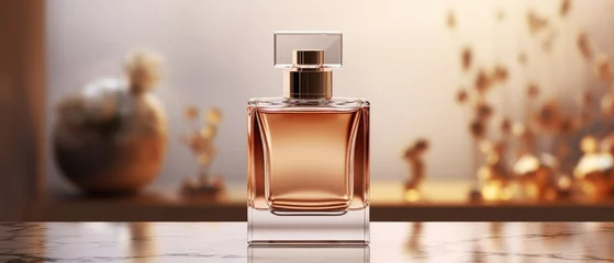 Foto op Plexiglas Elegant perfume bottle on marble surface with golden light. Luxury product branding. © Postproduction