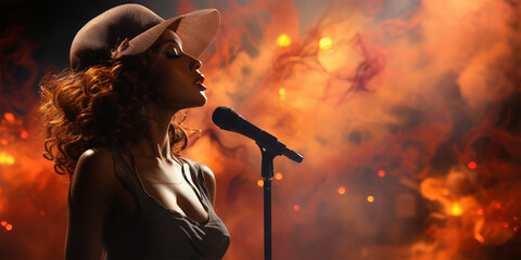 beautiful African American singer sings at a microphone on stage, performing in the spotlight at a concert. free space for text - obrazy, fototapety, plakaty