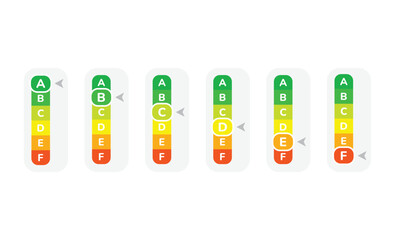 Energy class or rank vector label set. Chart for electric appliances efficiency labels.