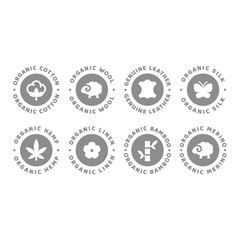 Organic hemp, bamboo and cotton vector label set. Natural linen, leather and silk labels.