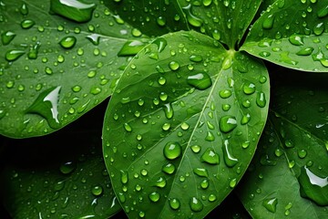 Nature elegance. Vibrant green plant with raindrops providing detailed macro view of dew covered leaves in refreshing and organic outdoor setting