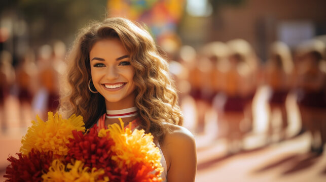 The energetic cheerleader stands with hands on her waist, holding colourful pom poms. High-quality photo