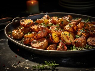 Herb-infused roasted potatoes in a rustic dish, highlighted by the warm glow of soft, ambient lighting. Perfectly golden and seasoned