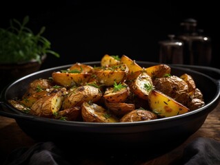 Herb-infused roasted potatoes in a rustic dish, highlighted by the warm glow of soft, ambient lighting. Perfectly golden and seasoned