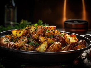 Herb-infused roasted potatoes in a rustic dish, highlighted by the warm glow of soft, ambient lighting. Perfectly golden and seasoned