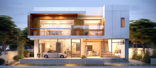 3d rendering of modern cozy house with garage and pool for sale or rent - obrazy, fototapety, plakaty