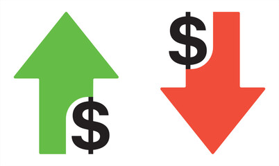 Dollar increase and decrease icon. Cost reduction icon price lower arrow. Colorful cost reduction signs.  Financial benefit concept. Vector illustration - obrazy, fototapety, plakaty