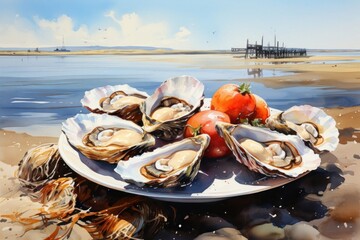 Serene Plate of Fresh Oysters on a Sandy Beach with a Majestic Pier in Generative AI