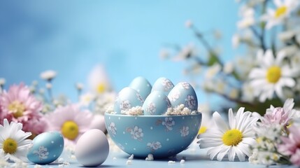 Blue easter eggs and spring flowers on blue background. 3d illustration - obrazy, fototapety, plakaty