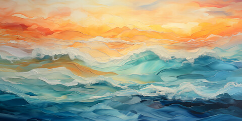 Sunset ocean wave blue, aqua, teal painting. Romantic golden hour sky, water waves banner graphic resource as background for seascape waves. Tropical beach vacation travel art by Vita for copy space