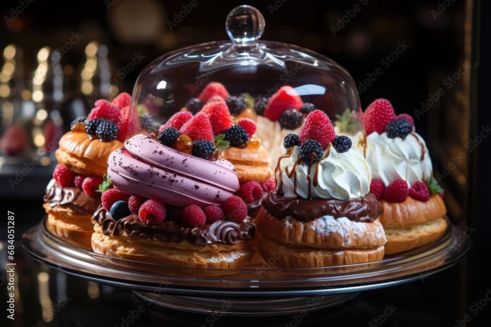 Poster tempting array of assorted pastries under a glass dome generative ai