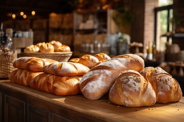 Delicious Assortment of Freshly Baked Bread on a Kitchen Counter Generative AI