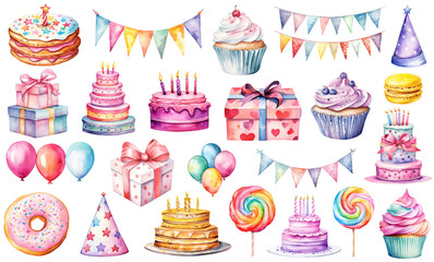 Set of watercolor objects for birthday and party design, isolated on transparent background