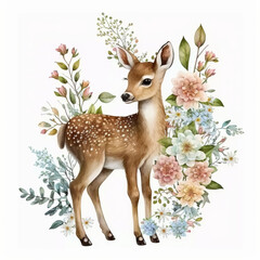 deer in the forest, Cute Deer Spring Florals Watercolor
