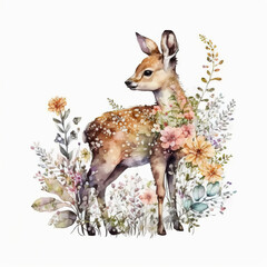 Cute Deer Spring Florals Watercolor