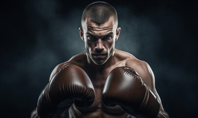 Muscular young man wearing boxing gloves before a fight against black background