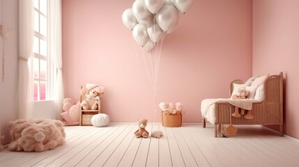 3d rendering of pink baby room interior with balloons and furniture.