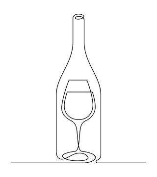 wine minimalism thin line art continuous glassware and bottle illustration