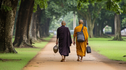 Monks walks in small alley to return to the temple