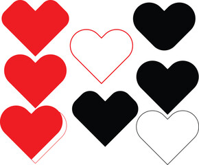 Red and Black collection of Love Heart Symbol Icons. Love Illustration Set with Solid and Outline Vector Hearts