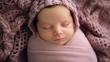 A sleeping newborn baby girl swaddled or wrapped in a pink blanket and wearing a pink stocking cap.