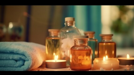 Beautiful spa composition with candles on table in room, closeup