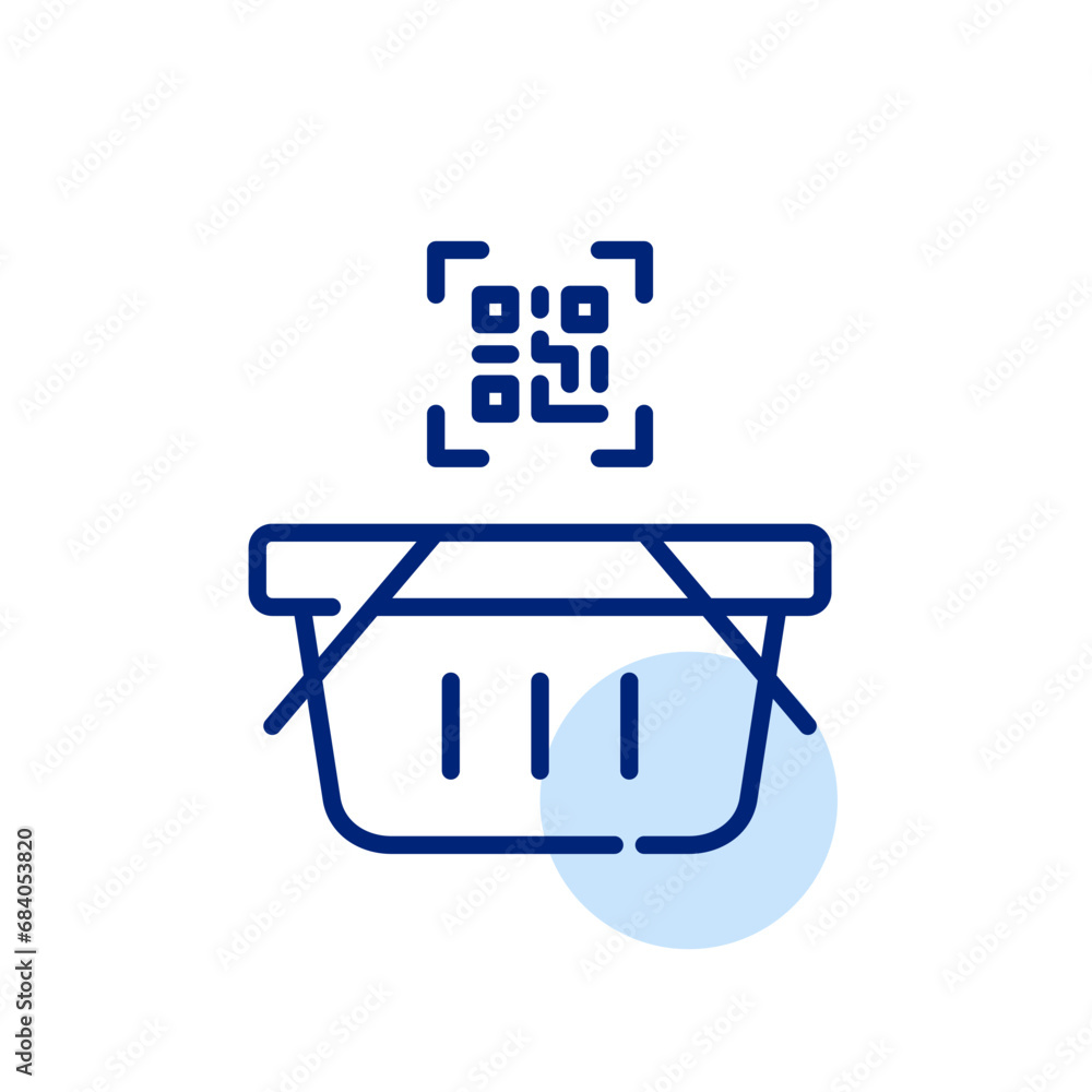 Poster qr code and shopping basket. check out using barcode reader. pixel perfect, editable stroke icon