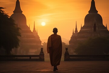 Buddhist monk walking at sunset in temple - obrazy, fototapety, plakaty