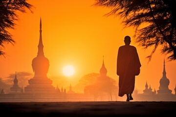 Buddhist monk walking at sunset in temple