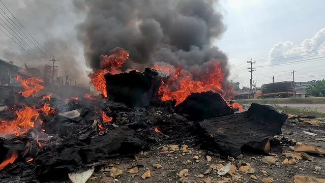 Smoke billows from burning tires and debris next to the road, a fire burning plastic and spreading block smock in the air, plastic fire burning polluting the air, environment pollution caused by fire