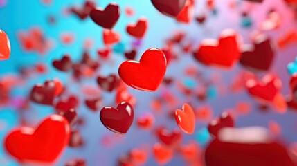 Red hearts flying in the air on blue background. 3d rendering