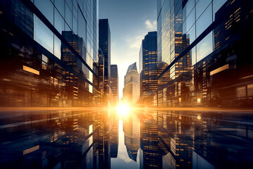 Portrait of business city center with lens flare effect. Reflective skyscrapers, glass reflection of tall buildings, modern buildings in urban areas. Blurred sunlight shines through. Generative AI	 - obrazy, fototapety, plakaty
