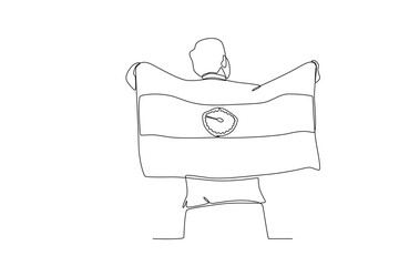 Single one line drawing motivation independence day An indian man waving an indian flag. Continuous line design vector illustration
