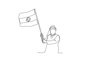 Single one line drawing motivation independence day An indian man waving an indian flag2. Continuous line design vector illustration
