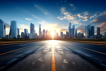 Fototapeta premium Portrait of business city center with lens flare effect. Glass reflection of tall buildings, tall buildings in urban areas. Blurred sunlight shines through. Generative AI