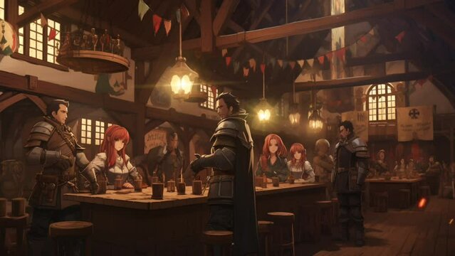 medieval fantasy tavern with adventurous knights. seamless looping time lapse animated background, anime ilustration style. Generated with AI