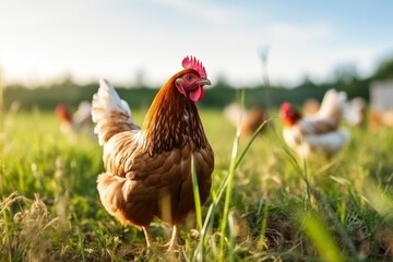 Chicken farming and agriculture on grass field or outdoor